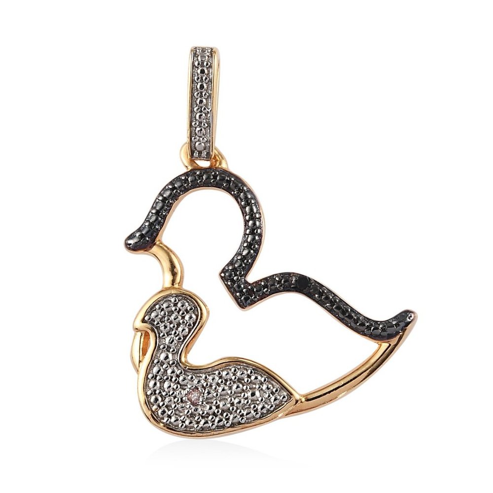 NEW Diamond & Black Diamond Accent Duck(s) Pendant ION Plated 18K Gold